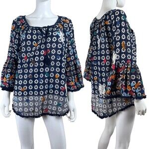 Soft Surroundings Women Size L Floral Embroidered Cotton Bell Sleeve Blouse Top
